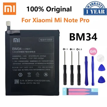 100% Оригинальный Аккумулятор Xiao mi BM34 3010mAh Для Xiaomi Mi Note Pro 4GB RAM, Высококачественные Сменные Батареи Для Телефона