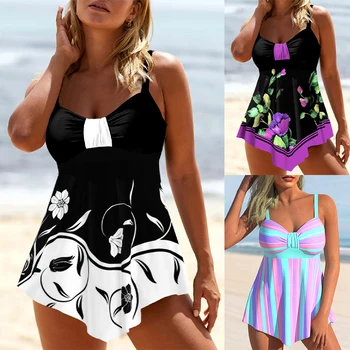 2023 Женские пляжные купальники с принтом, сексуальные купальники-бикини с открытыми плечами, летние купальники-танкини, пляжный костюм-двойка Tankiny