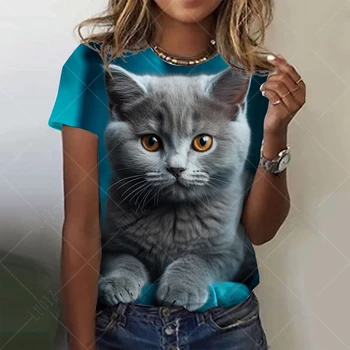 2023 Модные Женские футболки с Животным 3D Принтом Kawaii Cat, Графические Футболки, Летние Футболки С коротким рукавом, Y2K, Одежда Для девочек