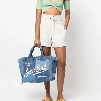 2023, Новинка зимы, Женская джинсовая сумка большой емкости, Модная дизайнерская Розовая сумка с кисточками, Высококачественная дорожная сумка для пляжного отдыха