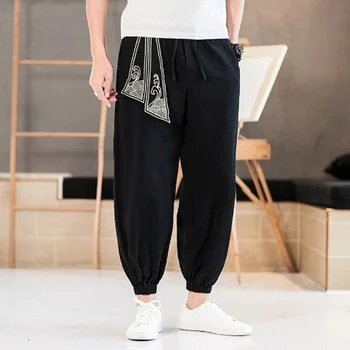 2023 Новые весенне-осенние льняные спортивные брюки с вышивкой в китайском стиле, свободная Повседневная Корейская версия, модные мужские укороченные брюки для ног