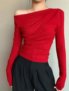 2023 Тонкая белая футболка, Черная Красная женская футболка, сексуальная однотонная одежда, топ с открытыми плечами для женщин, эстетичная Корейская стильная забавная футболка
