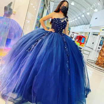 vestidos de xv 15 años Синее Пышное платье с аппликацией на одно плечо, бальное платье для выпускного вечера Sweet 16, Платье на заказ