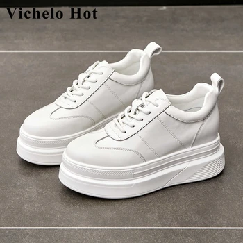 Vichelo/ Популярные белые кроссовки из натуральной кожи с круглым носком на толстой подошве для молодых леди, повседневная вулканизированная обувь с перекрестной шнуровкой, L72