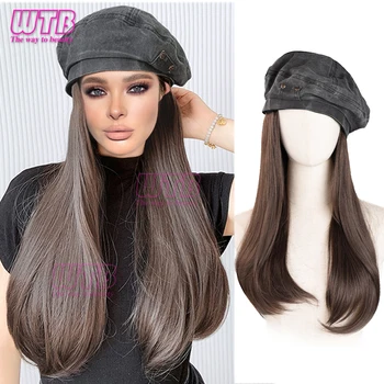 WTB Шляпа, парик, модный женский джинсовый берет, синтетический длинный прямой парик, зимняя шапка, цельный парик, сохраняет тепло и моду