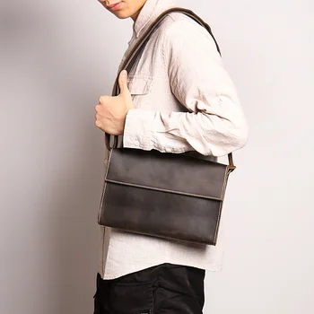 Винтажная модная мужская горизонтальная сумка-мессенджер с подкладкой из полиэстера и хлопка, флип-слинг, натуральная кожа, повседневное плечо для мужчин