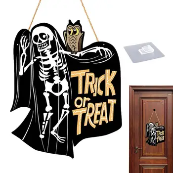Входная дверь на Хэллоуин, приветственный знак, гобелены, украшения на Хэллоуин, скелет, трюк или угощение, дверной знак на Хэллоуин, деревянный