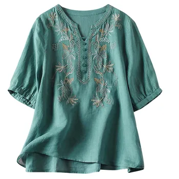 Женская верхняя рубашка с вышивкой из хлопка и льна, с пышными рукавами, с круглым вырезом, повседневная свободная футболка с пуговицами в стиле Бохо
