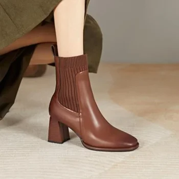 Женская обувь 2023 г. Базовые женские ботинки с квадратным носком Элегантные модельные туфли Удобные ботильоны на высоком каблуке Zapatos De Mujer