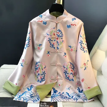 Женский топ с вышивкой в виде цветка, женская розовая одежда эпохи Тан, Новые куртки, винтажное улучшенное пальто, женские костюмы Hanfu на пуговицах