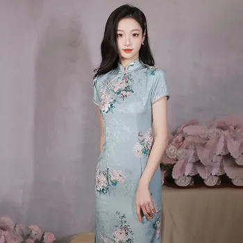 Женское летнее Элегантное платье с коротким рукавом из жаккардового атласа Young Chinese Qipao Lady в стиле ретро с воротником-стойкой для вечеринки Cheongsam