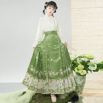 Жилет-юбка с мордочкой водяной лошади, современный костюм Hanfu, повседневная одежда, женский Мамяньцунь, китайский Традиционный Национальный стиль Династии Мин, зеленый