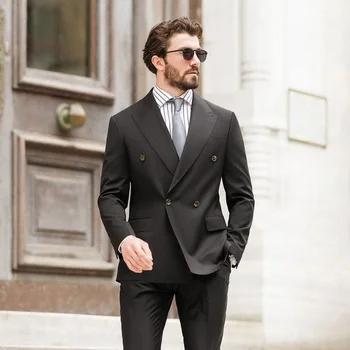 Классический черный мужской костюм Модные двубортные наряды с отворотами, элегантный повседневный Формальный свадебный смокинг, блейзер из 2 предметов с брюками
