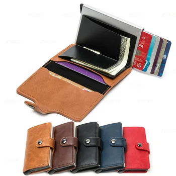 Кожаный держатель для кредитных карт с RFID-блокировкой - автоматический всплывающий кошелек, алюминиевый тонкий карманный футляр для визитных карточек двойного сложения Stonego