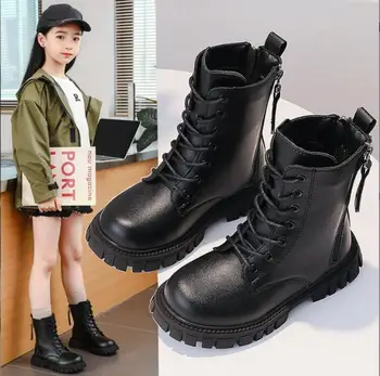 Модные детские ботильоны для девочек, черные нескользящие осенне-зимние ботинки Infantil, Новая кожаная обувь на платформе, детские ботинки для малышей