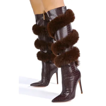 Модные женские коричневые, черные, белые сапоги до колена из свернутого меха на тонком каблуке с острым носком и застежкой-молнией Сбоку, женская обувь Botas, обернутая змеей.