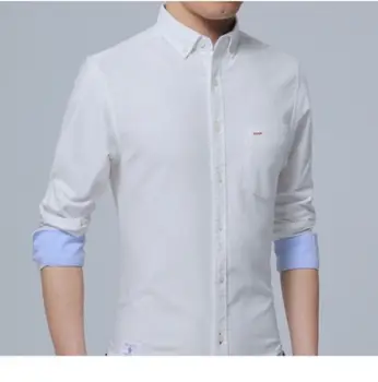 Мужская модная белая весенне-осенняя рубашка-оксфорд с длинным рукавом, хлопковая однотонная деловая повседневная приталенная рубашка на пуговицах
