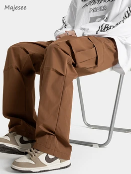 Мужские американские брюки-карго, плиссированная однотонная уличная одежда, хип-хоп панталоны, повседневная функциональная технологичная одежда, моющие брюки, Красивый
