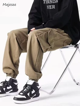 Мужские брюки-карго с множеством карманов, брюки для бега в стиле хип-хоп, модные универсальные брюки на шнурке, однотонная повседневная удобная одежда