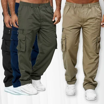Мужские повседневные Свободные прямые брюки-карго с несколькими карманами для фитнеса в стиле хип-хоп, уличная одежда с эластичной резинкой на талии, брюки для бега трусцой