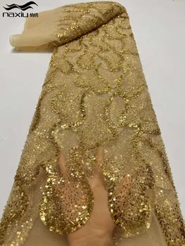 Мэдисон Африканская кружевная ткань из бисера 5 Ярдов 2023 г. Высококачественные блестки Нигерийский свадебный материал Роскошные ткани для пошива платьев