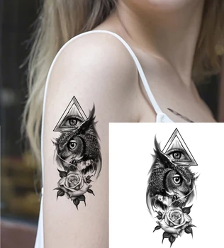Наклейка с поддельной татуировкой для женщины, девушки, треугольные глаза, Сова, Роза, Временные татуировки, рука, спина, грудь, Водонепроницаемая татуировка, Перенос тела, Татуировка