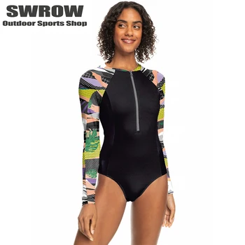 Новый женский модный цельный солнцезащитный купальник с длинным рукавом на молнии спереди, пляжный костюм для серфинга, водолазный костюм для водных видов спорта.