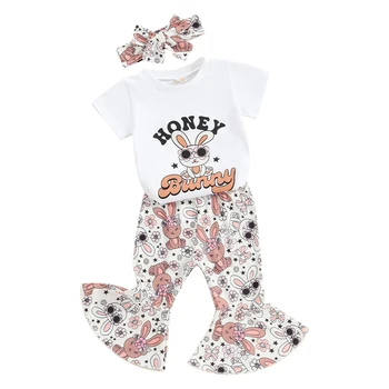 Пасхальные наряды для маленьких девочек, Футболка с коротким рукавом и буквенным принтом, расклешенные штаны с кроликом, детская летняя одежда