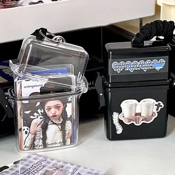 Прозрачный Kpop 3-дюймовый Idol Photo, маленький держатель для карт, наружная портативная карточка для хранения фотонаклеек, Пластиковая коробка-раскладушка с веревкой