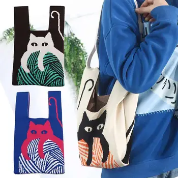 Простая ретро-текстура, сумка с мультяшным котом, вязаная сумка, женская модная и универсальная сумка через плечо, сумка на запястье большой емкости.