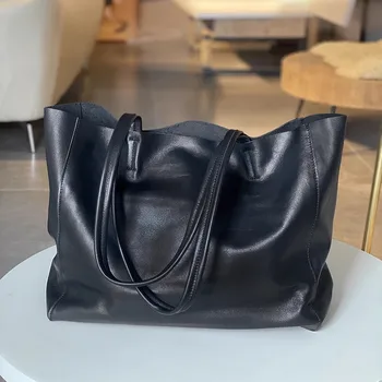Простой дизайнер для отдыха, роскошь, натуральная натуральная кожа, женская черная сумка через плечо для ежедневных покупок на открытом воздухе, мягкая сумка-тоут из воловьей кожи.