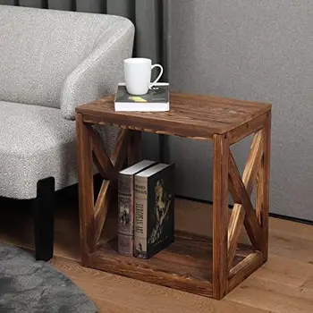 Серый прикроватный столик из массива дерева/Приставной столик / Тумбочка / Прикроватная тумбочка с X-образным дизайном и нижней полкой для хранения, прочный декоративный материал.