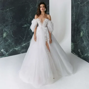 Стильное свадебное платье трапециевидной формы из тюля с 3D аппликациями, V-образный вырез, пышные рукава, Открытые плечи, блестящая сетка, шлейф, свадебные платья