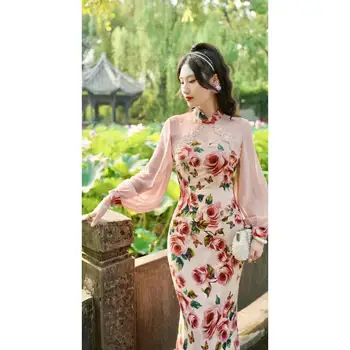 Улучшенное платье Ципао в китайском стиле, Весеннее новое винтажное женское элегантное платье с длинными рукавами розового цвета, модифицированное повседневное платье Чонсам